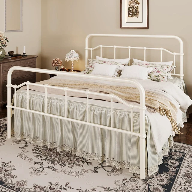 Alt view image 3 of 7 - Queen Size Vintage Victorian Metal Platform Bed Frame, Curved Iron Art Headboard & Footboard, Under Bed Storage, No Box Spring Needed, Easy Assembly, Cream White