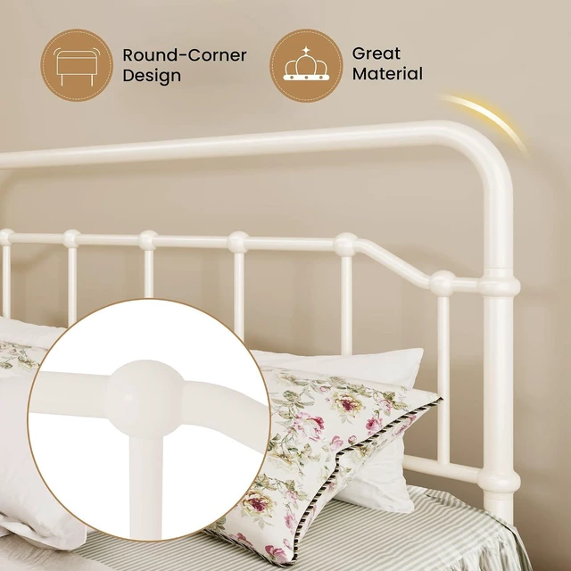 Alt view image 4 of 7 - Queen Size Vintage Victorian Metal Platform Bed Frame, Curved Iron Art Headboard & Footboard, Under Bed Storage, No Box Spring Needed, Easy Assembly, Cream White