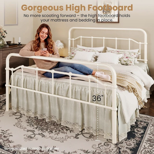 Alt view image 5 of 7 - Queen Size Vintage Victorian Metal Platform Bed Frame, Curved Iron Art Headboard & Footboard, Under Bed Storage, No Box Spring Needed, Easy Assembly, Cream White