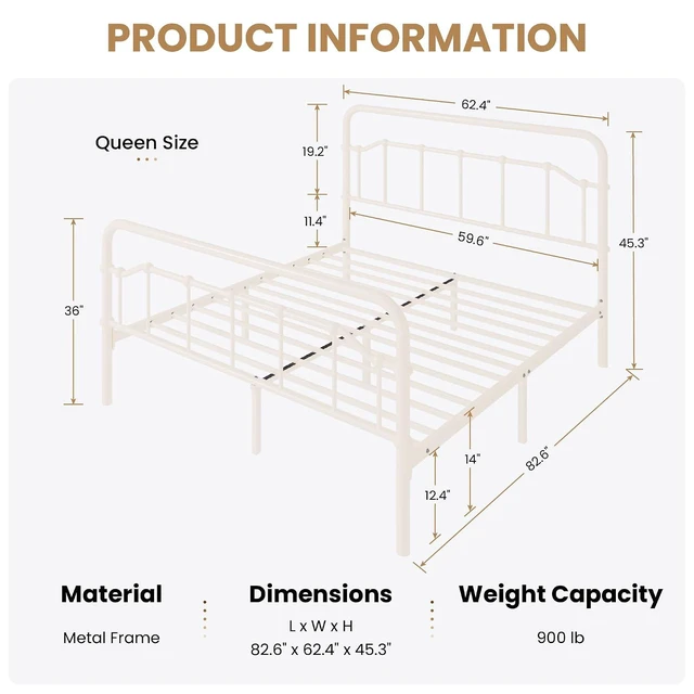 Alt view image 2 of 7 - Queen Size Vintage Victorian Metal Platform Bed Frame, Curved Iron Art Headboard & Footboard, Under Bed Storage, No Box Spring Needed, Easy Assembly, Cream White