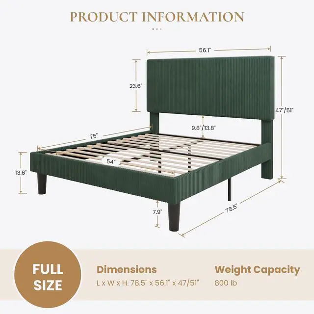 Alt view image 2 of 7 - Full Bed Frame, Velvet Platform Bed Frame with Vertical Channel Tufted Headboard, Upholstered Corduroy, Strong Wooden Slats, No Box Spring Needed, Easy Assembly, Dark Green