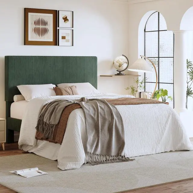 Main image of Full Bed Frame, Velvet Platform Bed Frame with Vertical Channel Tufted Headboard, Upholstered Corduroy, Strong Wooden Slats, No Box Spring Needed, Easy Assembly, Dark Green