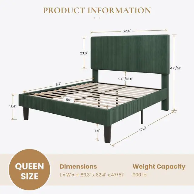 Alt view image 2 of 7 - Queen Bed Frame, Velvet Platform Bed Frame with Vertical Channel Tufted Headboard, Upholstered Corduroy, Strong Wooden Slats, No Box Spring Needed, Easy Assembly, Dark Green