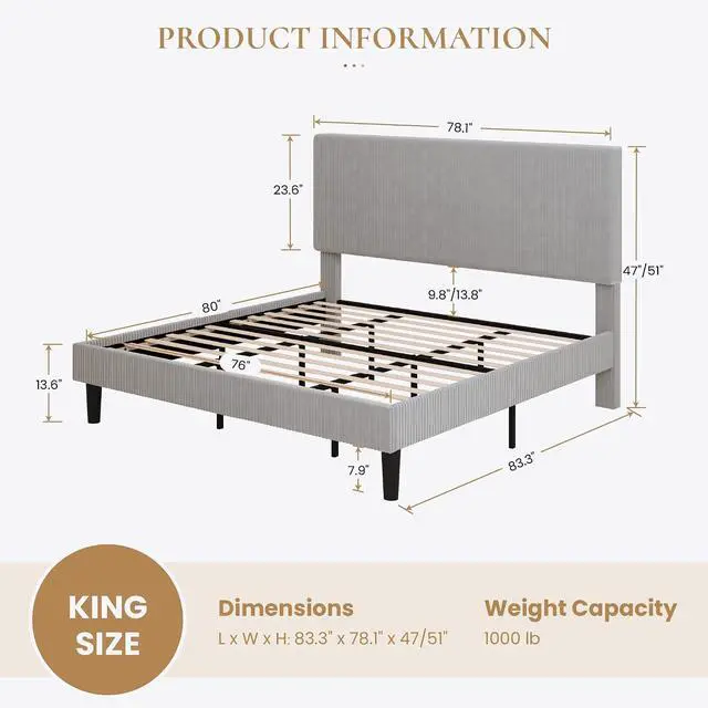 Alt view image 2 of 7 - King Bed Frame, Velvet Platform Bed Frame with Vertical Channel Tufted Headboard, Upholstered Corduroy, Strong Wooden Slats, No Box Spring Needed, Easy Assembly, Light Grey