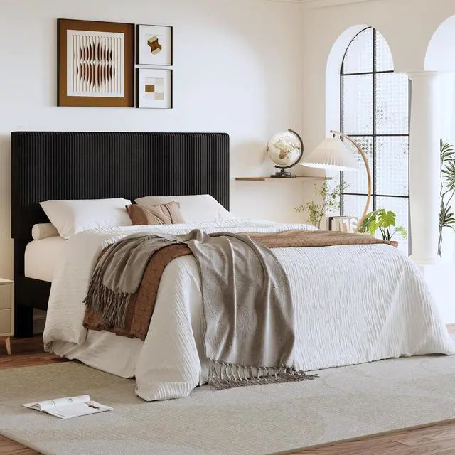 Main image of Queen Bed Frame, Velvet Platform Bed Frame with Vertical Channel Tufted Headboard, Upholstered Corduroy, Strong Wooden Slats, No Box Spring Needed, Easy Assembly, Black