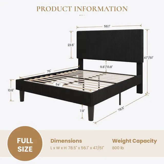 Alt view image 2 of 7 - Full Bed Frame, Velvet Platform Bed Frame with Vertical Channel Tufted Headboard, Upholstered Corduroy, Strong Wooden Slats, No Box Spring Needed, Easy Assembly, Black