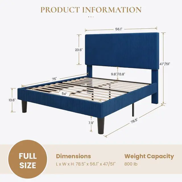 Alt view image 2 of 7 - Full Bed Frame, Velvet Platform Bed Frame with Vertical Channel Tufted Headboard, Upholstered Corduroy, Strong Wooden Slats, No Box Spring Needed, Easy Assembly, Dark Blue