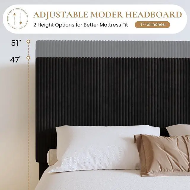 Alt view image 3 of 7 - Queen Bed Frame, Velvet Platform Bed Frame with Vertical Channel Tufted Headboard, Upholstered Corduroy, Strong Wooden Slats, No Box Spring Needed, Easy Assembly, Black
