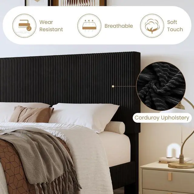Alt view image 4 of 7 - Queen Bed Frame, Velvet Platform Bed Frame with Vertical Channel Tufted Headboard, Upholstered Corduroy, Strong Wooden Slats, No Box Spring Needed, Easy Assembly, Black