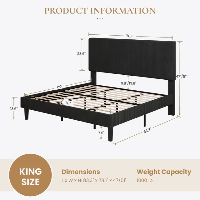Alt view image 2 of 7 - King Bed Frame, Velvet Platform Bed Frame with Vertical Channel Tufted Headboard, Upholstered Corduroy, Strong Wooden Slats, No Box Spring Needed, Easy Assembly, Black