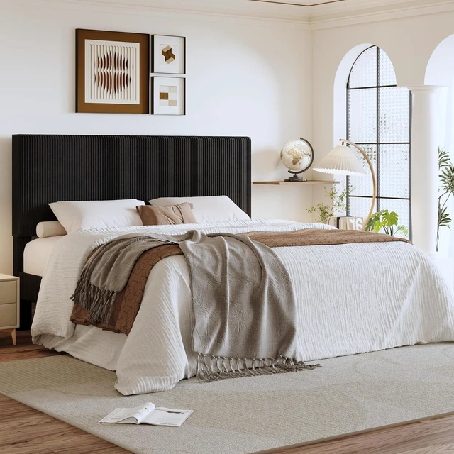 Main image of King Bed Frame, Velvet Platform Bed Frame with Vertical Channel Tufted Headboard, Upholstered Corduroy, Strong Wooden Slats, No Box Spring Needed, Easy Assembly, Black