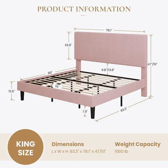 Alt view image 2 of 7 - King Bed Frame, Velvet Platform Bed Frame with Vertical Channel Tufted Headboard, Upholstered Corduroy, Strong Wooden Slats, No Box Spring Needed, Easy Assembly, Light Pink