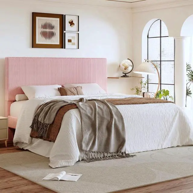 Main image of King Bed Frame, Velvet Platform Bed Frame with Vertical Channel Tufted Headboard, Upholstered Corduroy, Strong Wooden Slats, No Box Spring Needed, Easy Assembly, Light Pink