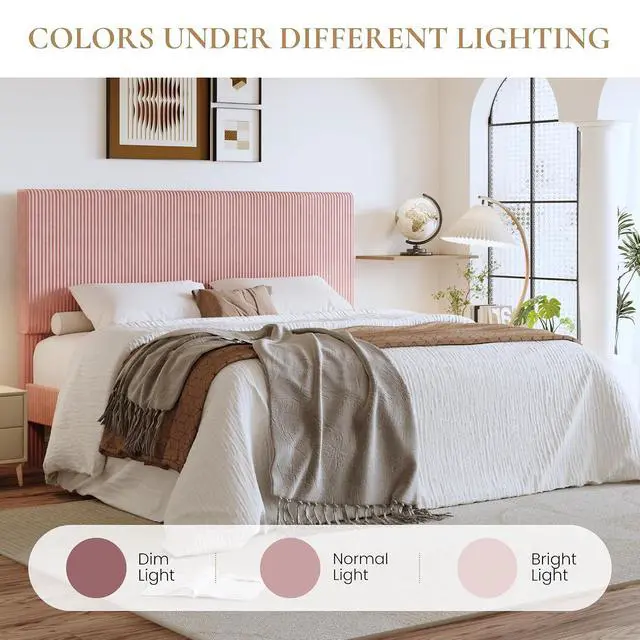 Alt view image 7 of 7 - King Bed Frame, Velvet Platform Bed Frame with Vertical Channel Tufted Headboard, Upholstered Corduroy, Strong Wooden Slats, No Box Spring Needed, Easy Assembly, Light Pink