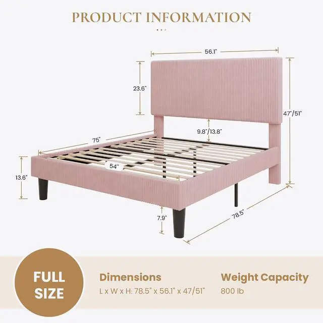 Alt view image 2 of 7 - Full Bed Frame, Velvet Platform Bed Frame with Vertical Channel Tufted Headboard, Upholstered Corduroy, Strong Wooden Slats, No Box Spring Needed, Easy Assembly, Light Pink
