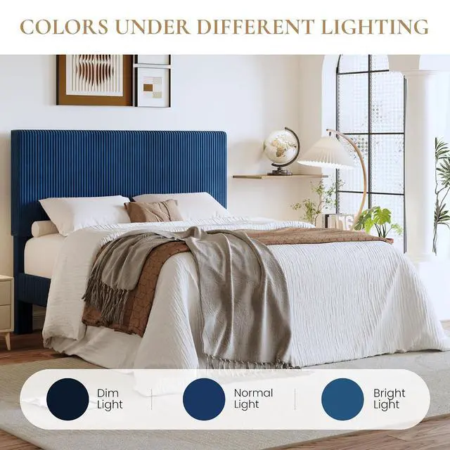 Alt view image 7 of 7 - Full Bed Frame, Velvet Platform Bed Frame with Vertical Channel Tufted Headboard, Upholstered Corduroy, Strong Wooden Slats, No Box Spring Needed, Easy Assembly, Dark Blue