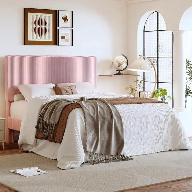 Main image of Full Bed Frame, Velvet Platform Bed Frame with Vertical Channel Tufted Headboard, Upholstered Corduroy, Strong Wooden Slats, No Box Spring Needed, Easy Assembly, Light Pink