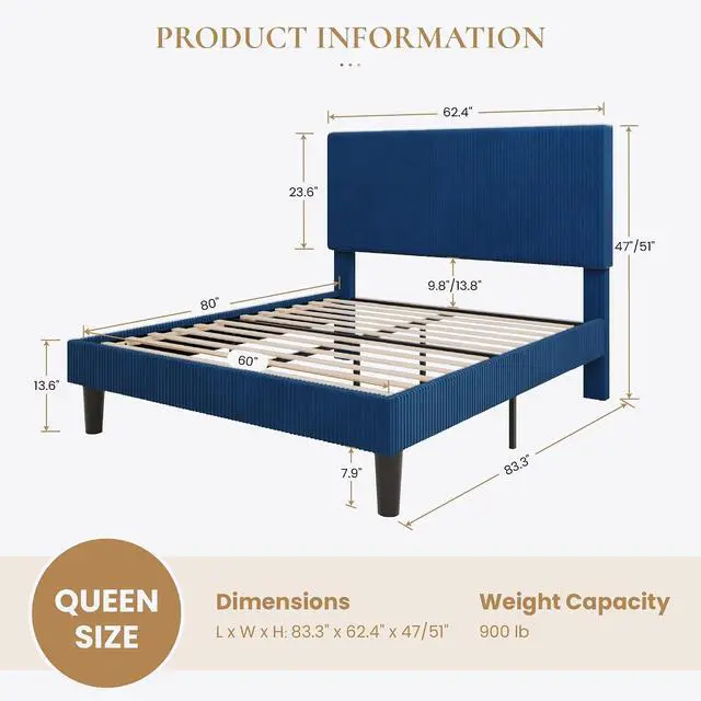 Alt view image 2 of 7 - Queen Bed Frame, Velvet Platform Bed Frame with Vertical Channel Tufted Headboard, Upholstered Corduroy, Strong Wooden Slats, No Box Spring Needed, Easy Assembly, Dark Blue
