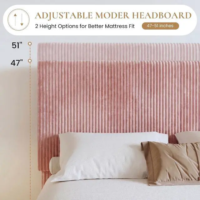 Alt view image 3 of 7 - King Bed Frame, Velvet Platform Bed Frame with Vertical Channel Tufted Headboard, Upholstered Corduroy, Strong Wooden Slats, No Box Spring Needed, Easy Assembly, Light Pink
