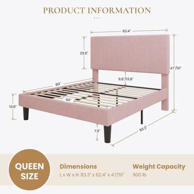 Alt view image 2 of 7 - Queen Bed Frame, Velvet Platform Bed Frame with Vertical Channel Tufted Headboard, Upholstered Corduroy, Strong Wooden Slats, No Box Spring Needed, Easy Assembly, Light Pink