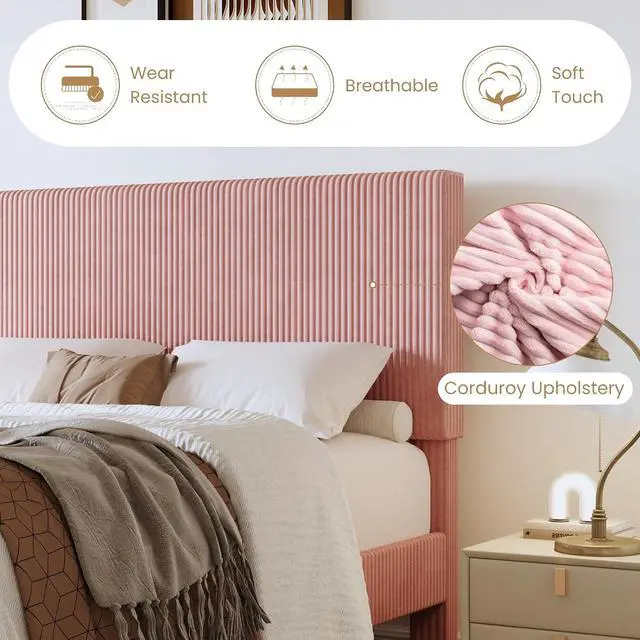 Alt view image 4 of 7 - King Bed Frame, Velvet Platform Bed Frame with Vertical Channel Tufted Headboard, Upholstered Corduroy, Strong Wooden Slats, No Box Spring Needed, Easy Assembly, Light Pink