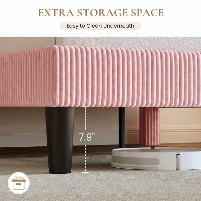 Alt view image 6 of 7 - King Bed Frame, Velvet Platform Bed Frame with Vertical Channel Tufted Headboard, Upholstered Corduroy, Strong Wooden Slats, No Box Spring Needed, Easy Assembly, Light Pink
