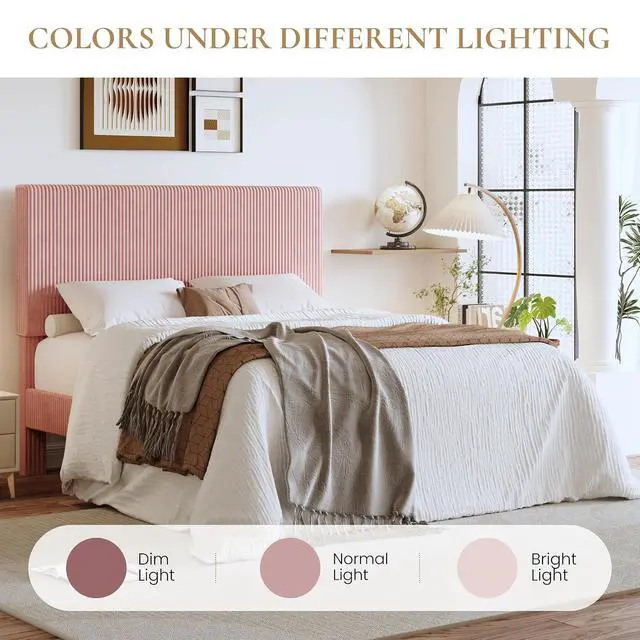 Alt view image 7 of 7 - Full Bed Frame, Velvet Platform Bed Frame with Vertical Channel Tufted Headboard, Upholstered Corduroy, Strong Wooden Slats, No Box Spring Needed, Easy Assembly, Light Pink