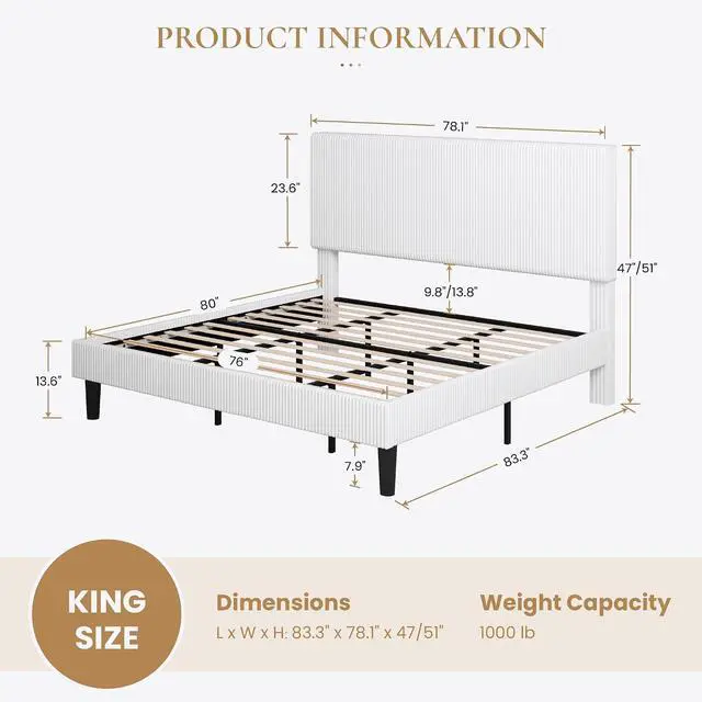 Alt view image 2 of 7 - King Bed Frame, Velvet Platform Bed Frame with Vertical Channel Tufted Headboard, Upholstered Corduroy, Strong Wooden Slats, Mattress Foundation, No Box Spring Needed, Easy Assembly, White