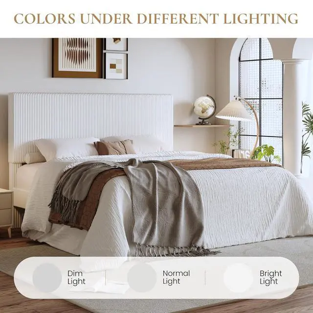 Alt view image 7 of 7 - King Bed Frame, Velvet Platform Bed Frame with Vertical Channel Tufted Headboard, Upholstered Corduroy, Strong Wooden Slats, Mattress Foundation, No Box Spring Needed, Easy Assembly, White
