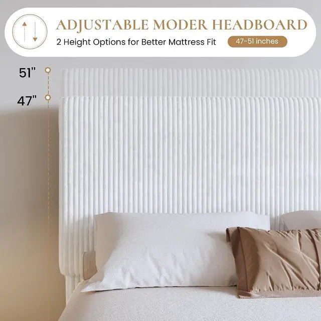 Alt view image 3 of 7 - King Bed Frame, Velvet Platform Bed Frame with Vertical Channel Tufted Headboard, Upholstered Corduroy, Strong Wooden Slats, Mattress Foundation, No Box Spring Needed, Easy Assembly, White