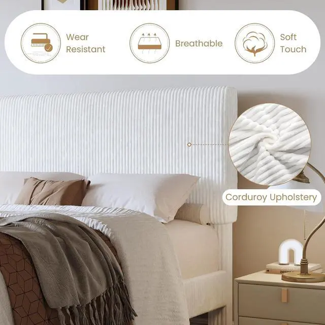 Alt view image 4 of 7 - King Bed Frame, Velvet Platform Bed Frame with Vertical Channel Tufted Headboard, Upholstered Corduroy, Strong Wooden Slats, Mattress Foundation, No Box Spring Needed, Easy Assembly, White