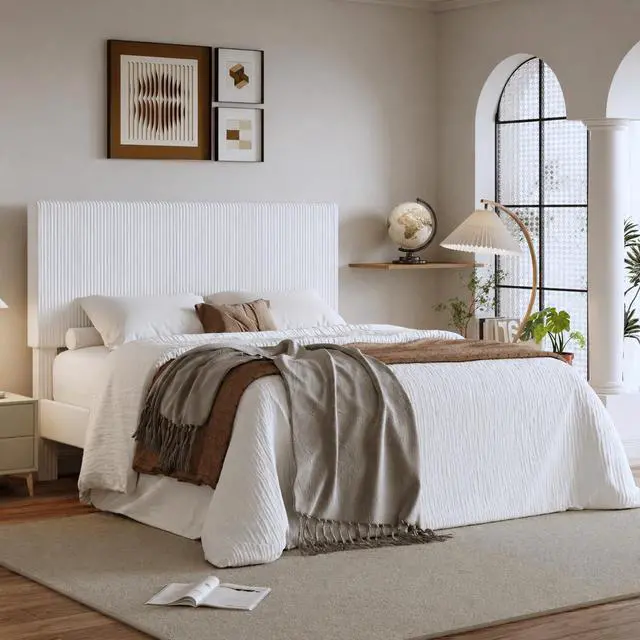 Main image of Queen Bed Frame, Velvet Platform Bed Frame with Vertical Channel Tufted Headboard, Upholstered Corduroy, Strong Wooden Slats, Mattress Foundation, No Box Spring Needed, Easy Assembly, White