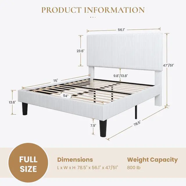 Alt view image 2 of 7 - Full Bed Frame, Velvet Platform Bed Frame with Vertical Channel Tufted Headboard, Upholstered Corduroy, Strong Wooden Slats, Mattress Foundation, No Box Spring Needed, Easy Assembly, White