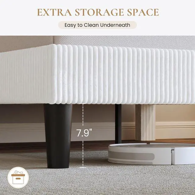 Alt view image 6 of 7 - King Bed Frame, Velvet Platform Bed Frame with Vertical Channel Tufted Headboard, Upholstered Corduroy, Strong Wooden Slats, Mattress Foundation, No Box Spring Needed, Easy Assembly, White