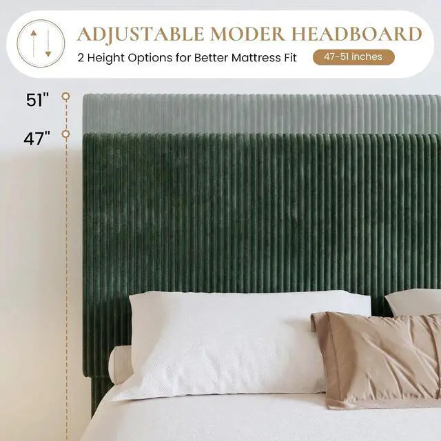 Alt view image 3 of 7 - King Bed Frame, Velvet Platform Bed Frame with Vertical Channel Tufted Headboard, Upholstered Corduroy, Strong Wooden Slats, No Box Spring Needed, Easy Assembly, Dark Green