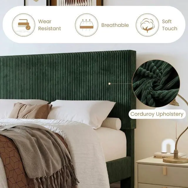 Alt view image 4 of 7 - King Bed Frame, Velvet Platform Bed Frame with Vertical Channel Tufted Headboard, Upholstered Corduroy, Strong Wooden Slats, No Box Spring Needed, Easy Assembly, Dark Green