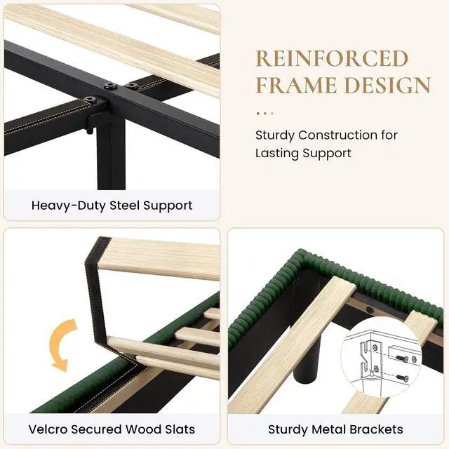 Alt view image 5 of 7 - King Bed Frame, Velvet Platform Bed Frame with Vertical Channel Tufted Headboard, Upholstered Corduroy, Strong Wooden Slats, No Box Spring Needed, Easy Assembly, Dark Green