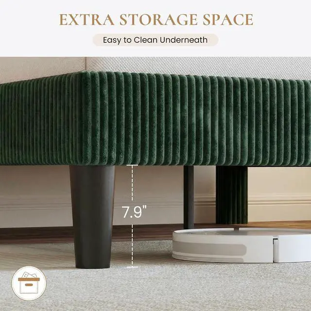 Alt view image 6 of 7 - King Bed Frame, Velvet Platform Bed Frame with Vertical Channel Tufted Headboard, Upholstered Corduroy, Strong Wooden Slats, No Box Spring Needed, Easy Assembly, Dark Green