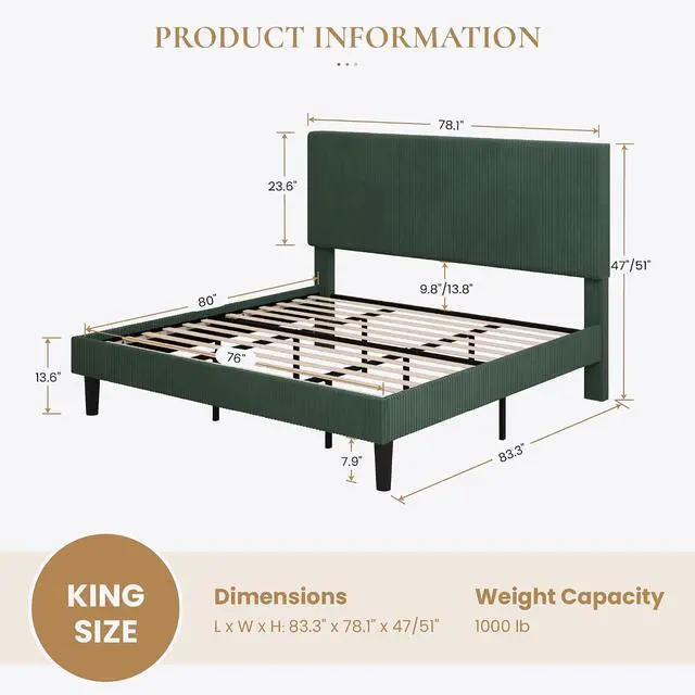 Alt view image 2 of 7 - King Bed Frame, Velvet Platform Bed Frame with Vertical Channel Tufted Headboard, Upholstered Corduroy, Strong Wooden Slats, No Box Spring Needed, Easy Assembly, Dark Green