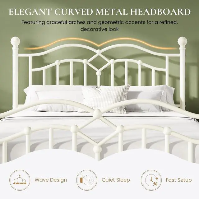 Alt view image 4 of 7 - Vintage Full Metal Bed Frame with Headboard and Footboard, Heavy Duty Platform Bed Frame, 12.4" Under-Bed Storage, Noise-Free, No Box Spring Needed, Easy Assembly, White