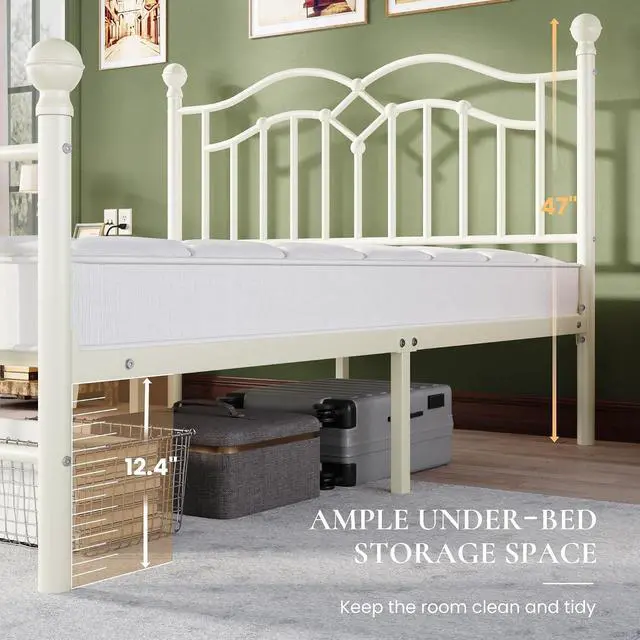 Alt view image 5 of 7 - Vintage Full Metal Bed Frame with Headboard and Footboard, Heavy Duty Platform Bed Frame, 12.4" Under-Bed Storage, Noise-Free, No Box Spring Needed, Easy Assembly, White