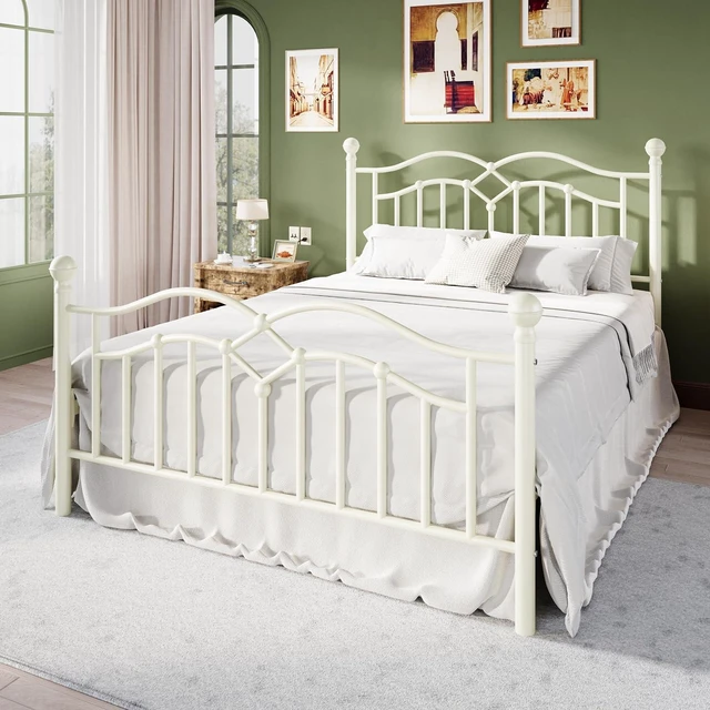 Alt view image 3 of 7 - Vintage Full Metal Bed Frame with Headboard and Footboard, Heavy Duty Platform Bed Frame, 12.4" Under-Bed Storage, Noise-Free, No Box Spring Needed, Easy Assembly, White