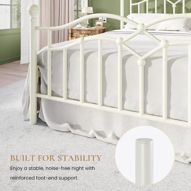 Alt view image 6 of 7 - Vintage Full Metal Bed Frame with Headboard and Footboard, Heavy Duty Platform Bed Frame, 12.4" Under-Bed Storage, Noise-Free, No Box Spring Needed, Easy Assembly, White