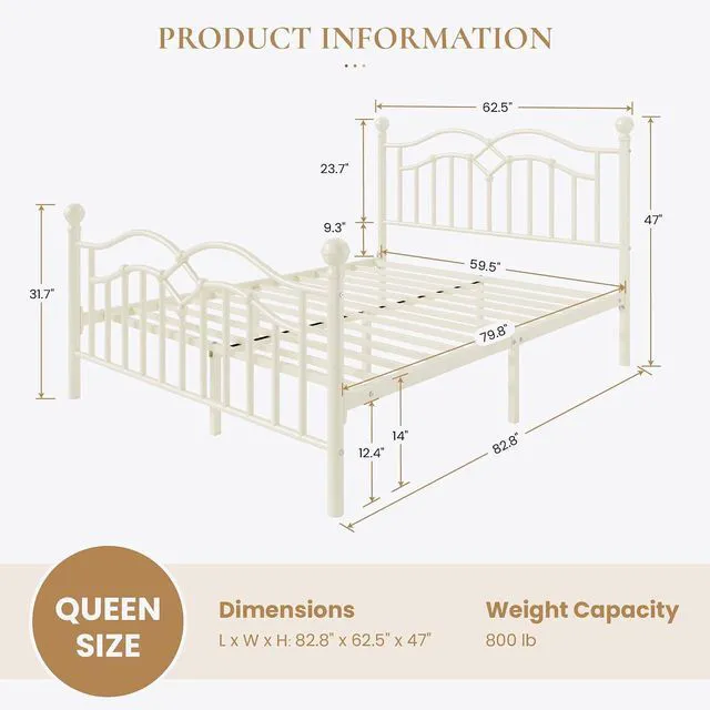 Alt view image 2 of 7 - Vintage Queen Metal Bed Frame with Headboard and Footboard, Heavy Duty Platform Bed Frame, 12.4" Under-Bed Storage, Noise-Free, No Box Spring Needed, Easy Assembly, White