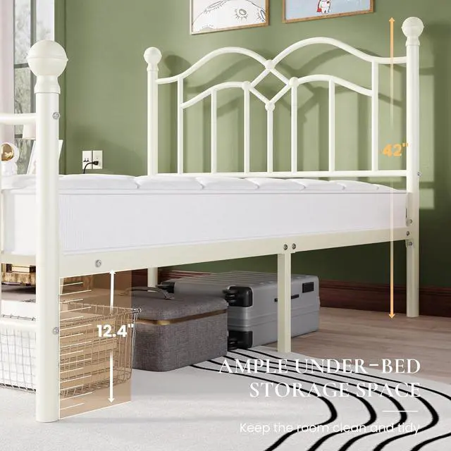 Alt view image 2 of 7 - Vintage Twin Metal Bed Frame with Headboard and Footboard, Heavy Duty Platform Bed Frame, 12.4" Under-Bed Storage, Noise-Free, No Box Spring Needed, Easy Assembly, White