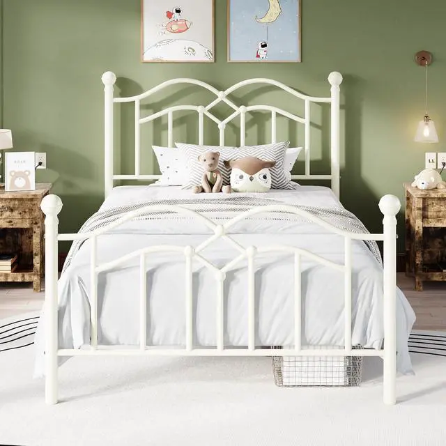 Main image of Vintage Twin Metal Bed Frame with Headboard and Footboard, Heavy Duty Platform Bed Frame, 12.4" Under-Bed Storage, Noise-Free, No Box Spring Needed, Easy Assembly, White