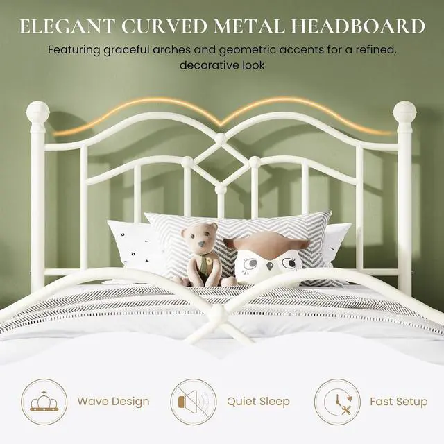 Alt view image 4 of 7 - Vintage Twin Metal Bed Frame with Headboard and Footboard, Heavy Duty Platform Bed Frame, 12.4" Under-Bed Storage, Noise-Free, No Box Spring Needed, Easy Assembly, White