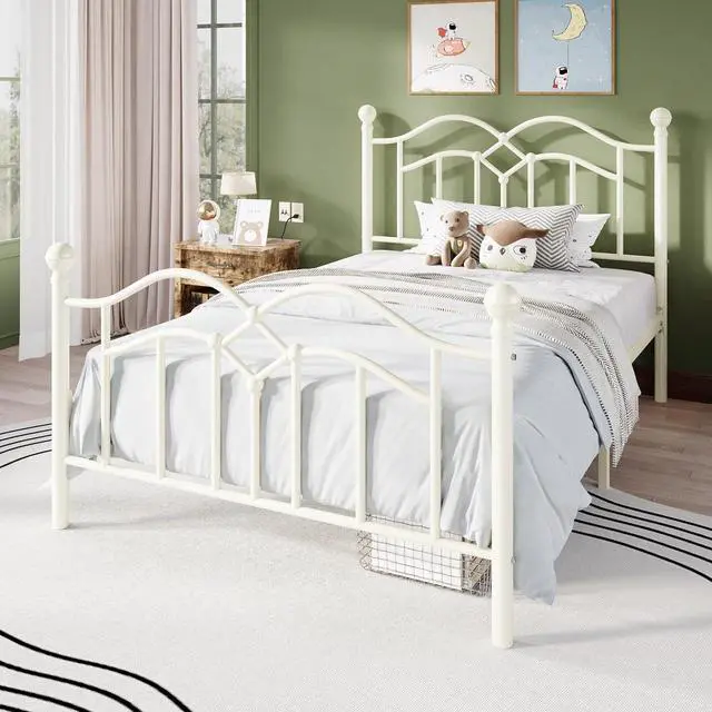 Alt view image 3 of 7 - Vintage Twin Metal Bed Frame with Headboard and Footboard, Heavy Duty Platform Bed Frame, 12.4" Under-Bed Storage, Noise-Free, No Box Spring Needed, Easy Assembly, White