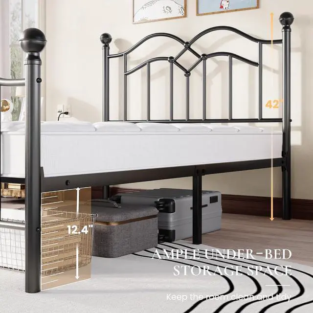Alt view image 2 of 7 - Vintage Twin Metal Bed Frame with Headboard and Footboard, Heavy Duty Platform Bed Frame, 12.4" Under-Bed Storage, Noise-Free, No Box Spring Needed, Easy Assembly, Black