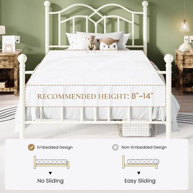 Alt view image 7 of 7 - Vintage Twin Metal Bed Frame with Headboard and Footboard, Heavy Duty Platform Bed Frame, 12.4" Under-Bed Storage, Noise-Free, No Box Spring Needed, Easy Assembly, White